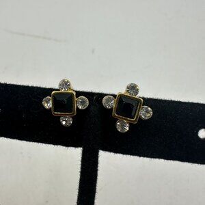 Vintage Gold & Black Clip-On Earrings With Rhinestone Accents